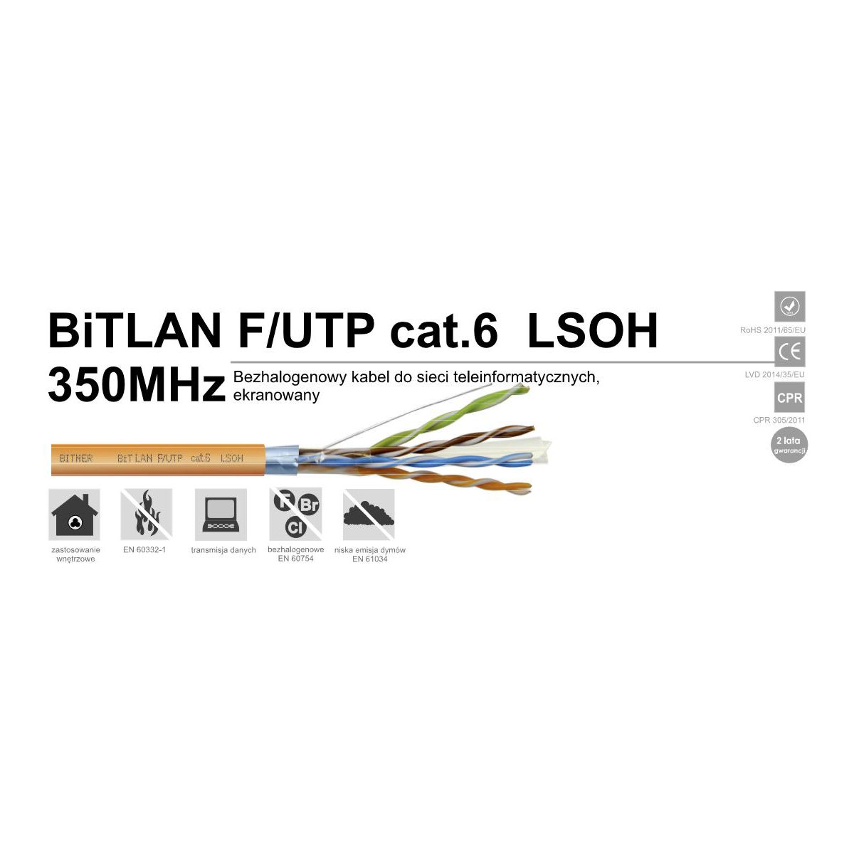 Bezhalogenowy kabel ekranowany BiTLAN F/UTP cat.6 LSOH 350MHz