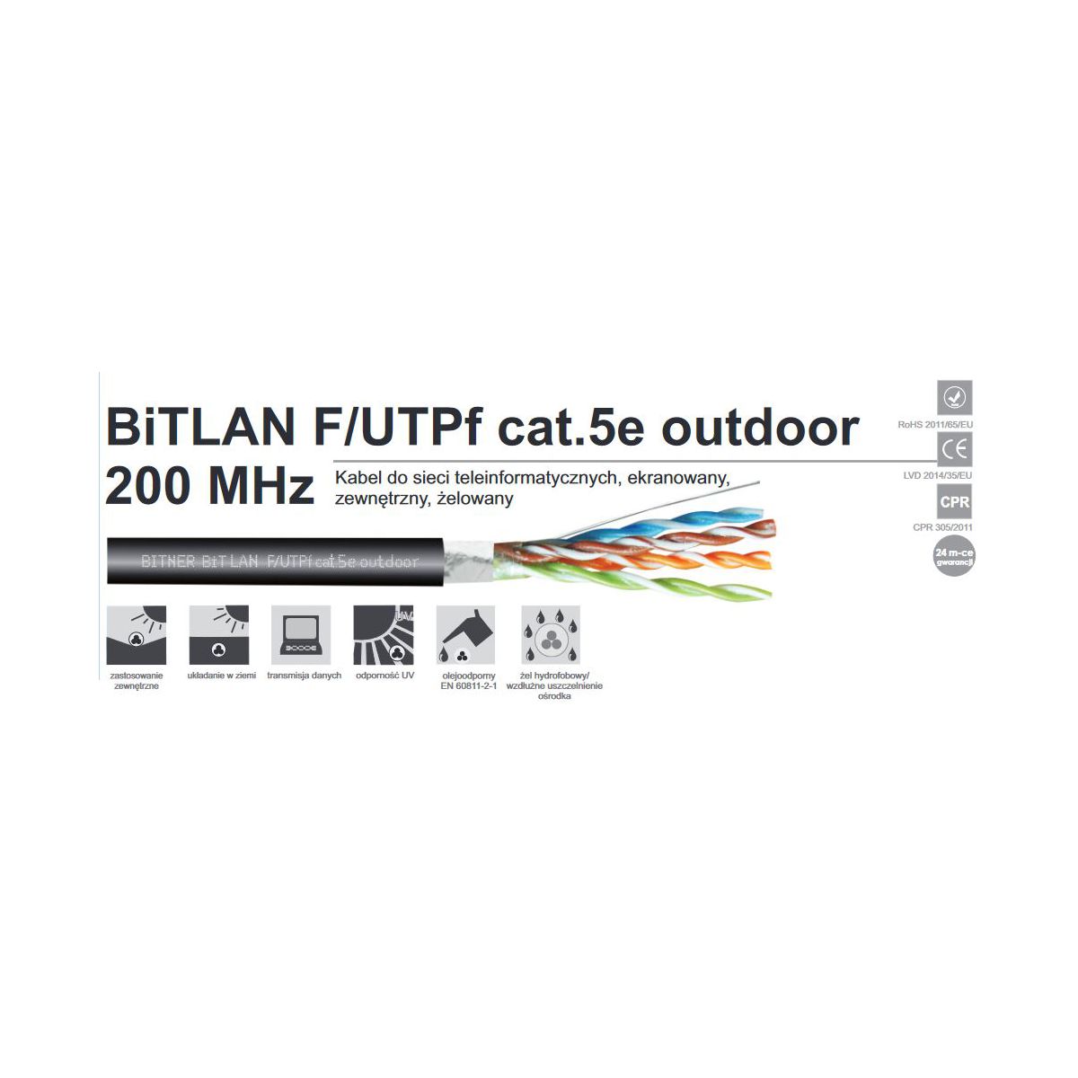 Kabel ekranowany, żelowany BiTLAN F/UTPf cat.5e outdoor 200MHz karton 305mb