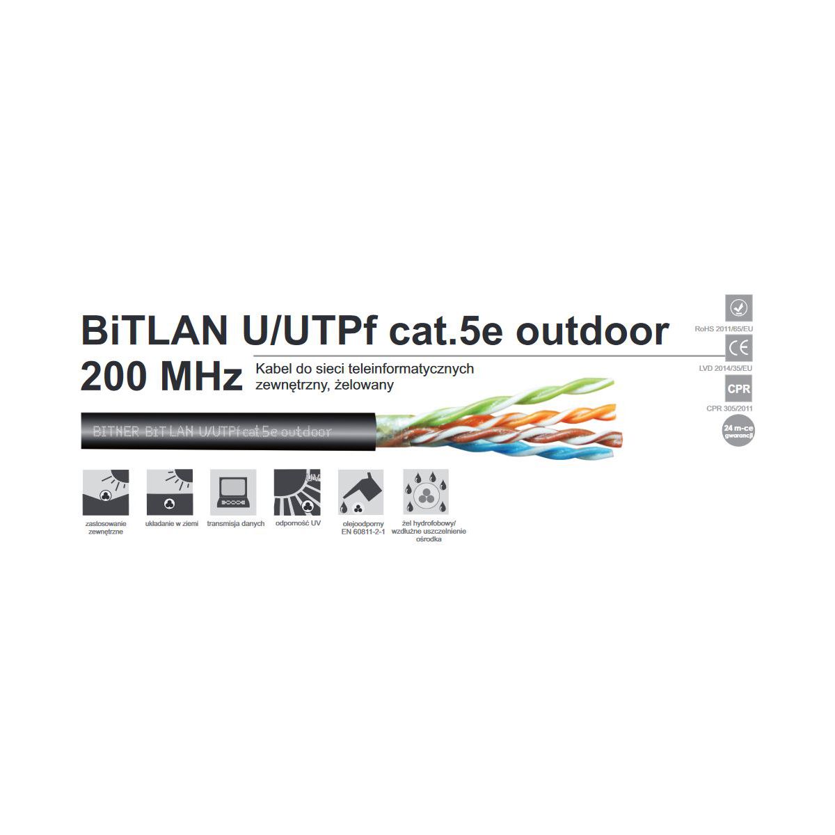 Kabel zewnętrzny żelowany BiTLAN U/UTPf cat.5e outdoor 200MHz karton 305m