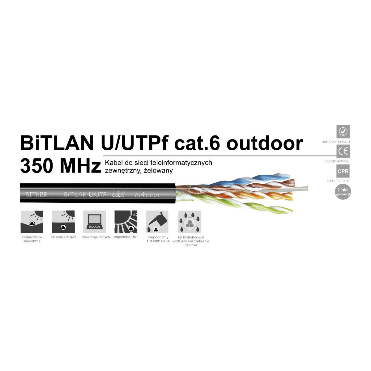Kabel zewnętrzny żelowany BiTLAN U/UTPf cat.6 outdoor 350MHz